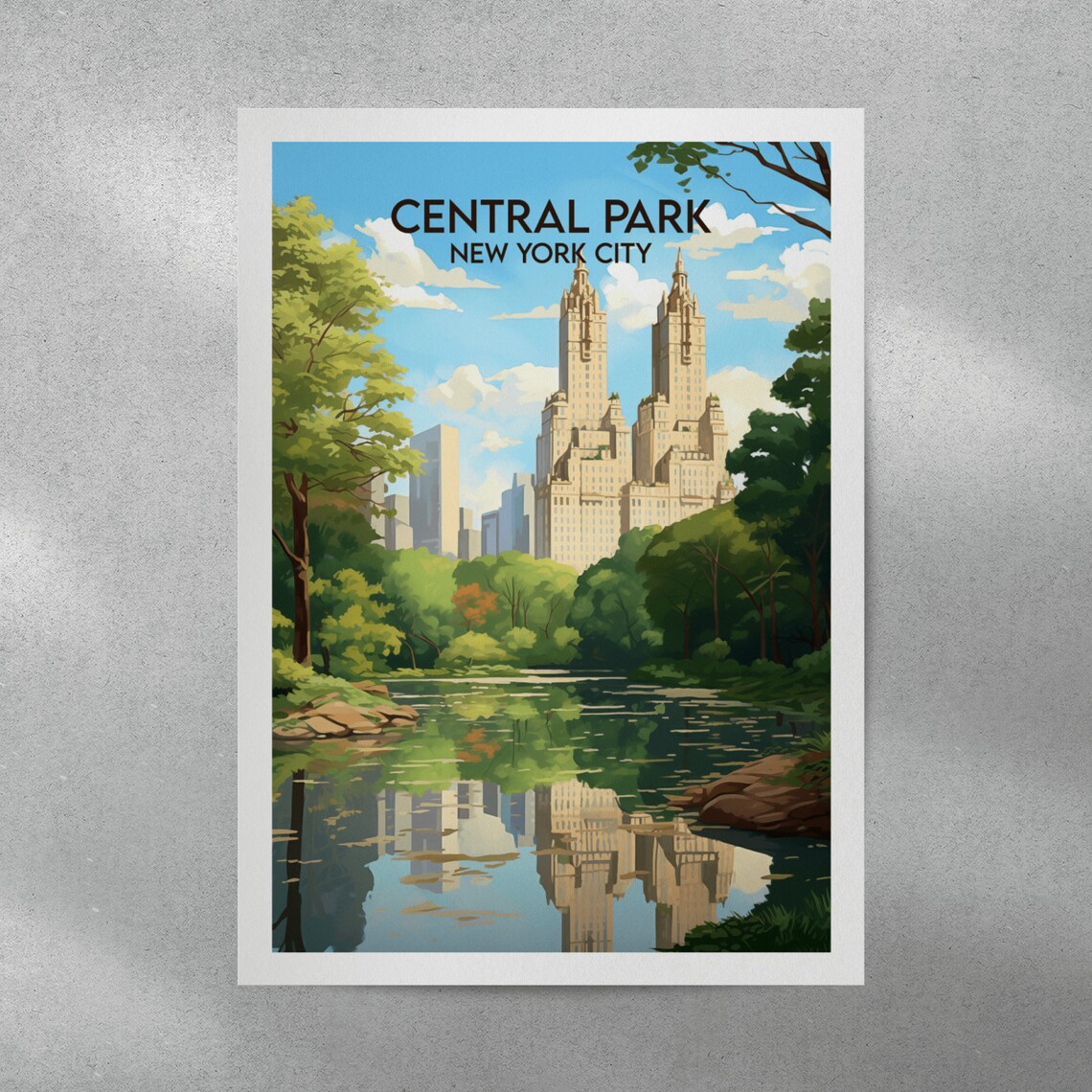 Central Park New York City Towers Reflection Vintage Travel Poster - Image 3