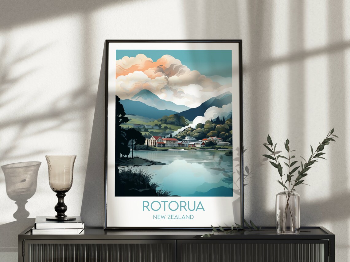 Rotorua New Zealand Geothermal Lake Mountains Vintage Travel Poster - Image 3