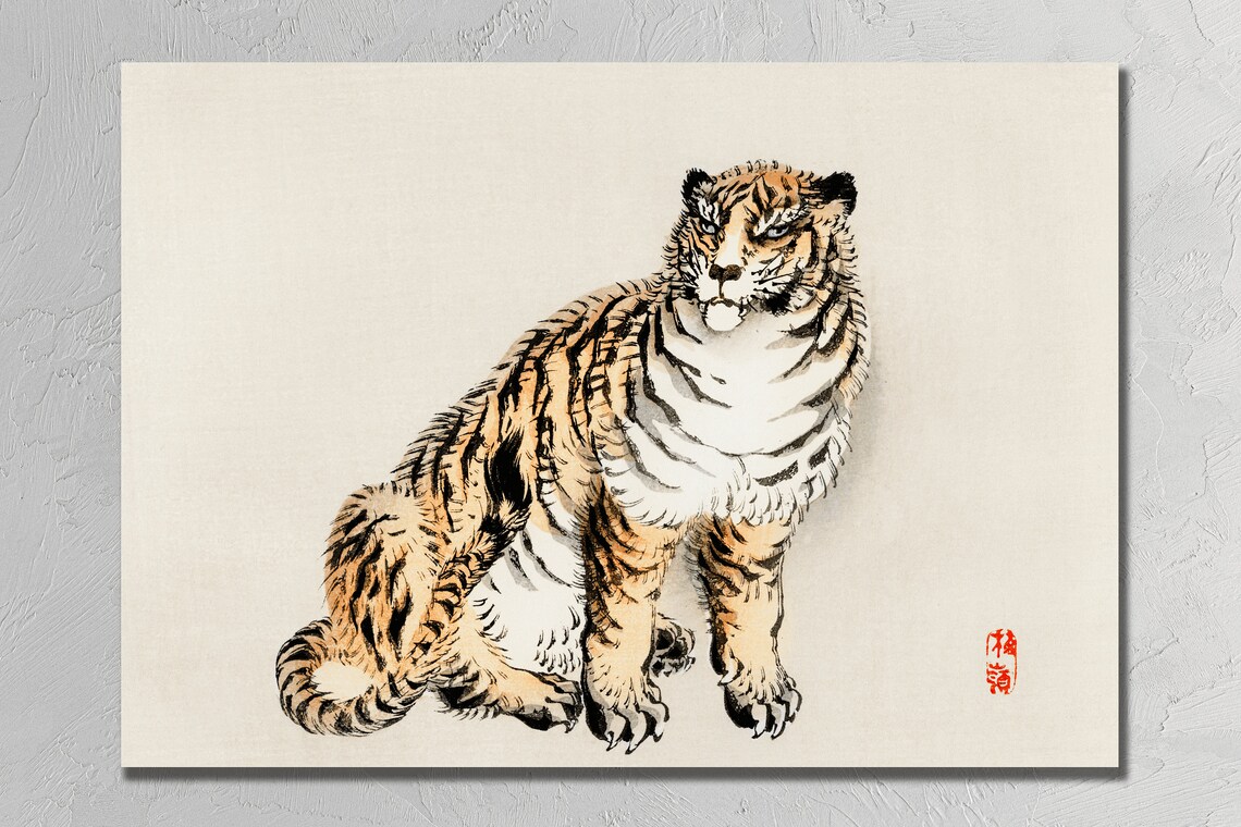 Japanese Tiger Sitting Woodblock Style Traditional Art Poster - Image 4