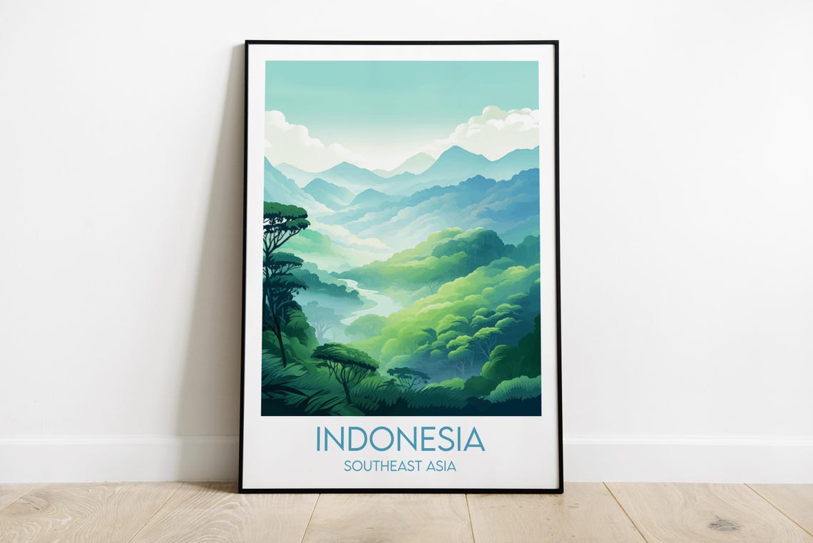 Indonesia Misty Green Mountain Rainforest Travel Poster Southeast Asia