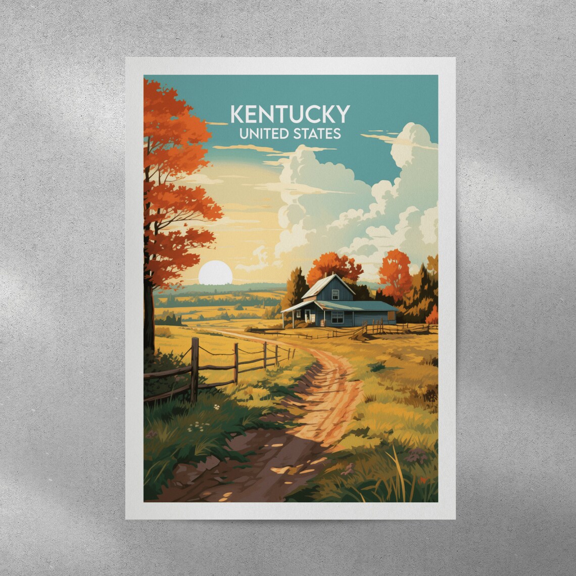 Kentucky Countryside Farmhouse Dirt Road Autumn Sunset Poster - Image 3