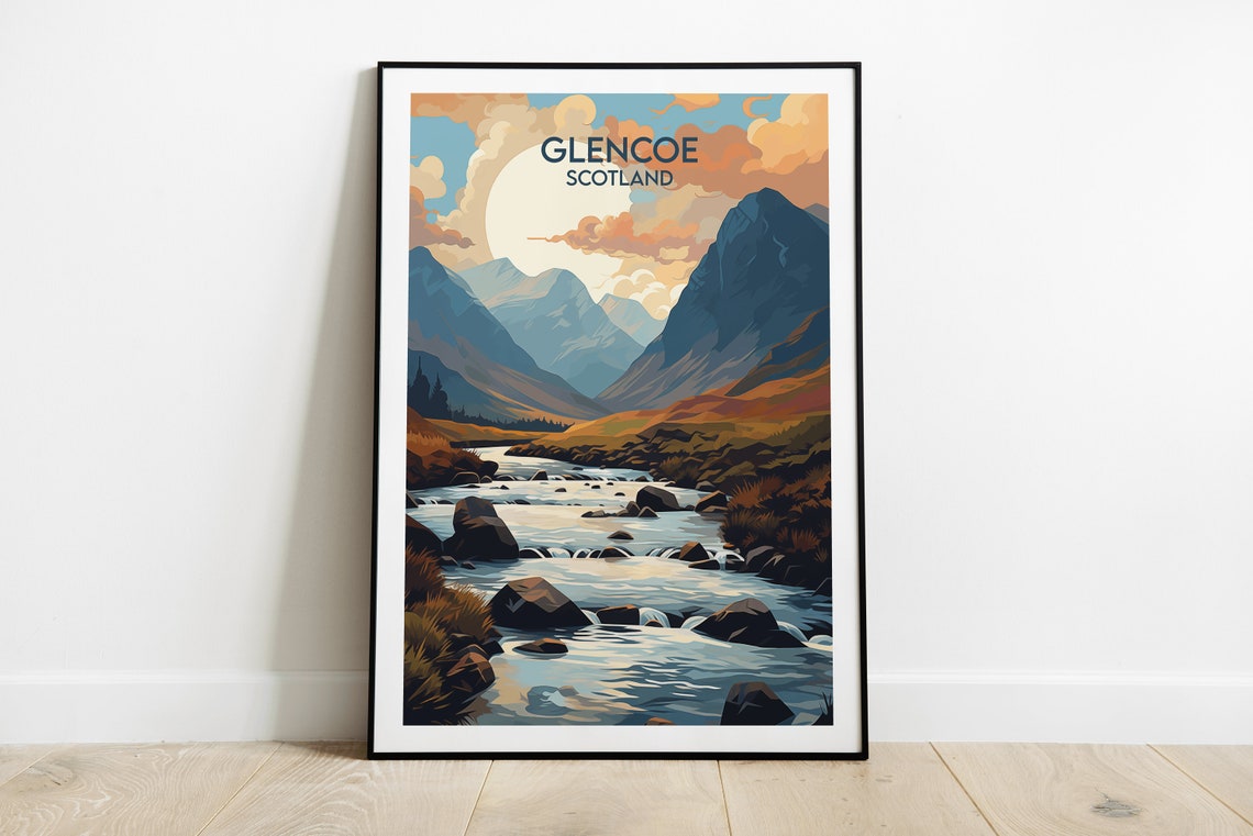 Glencoe Scotland Retro Mountain River Landscape Travel Poster