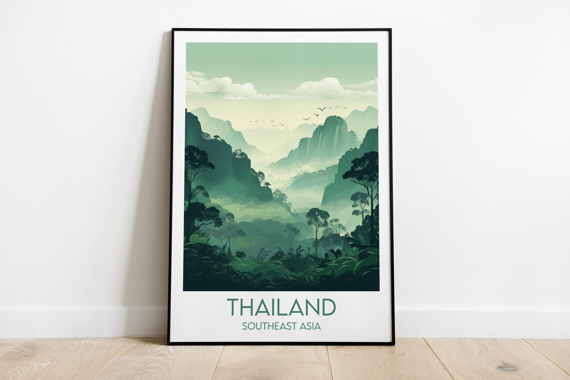 Thailand Southeast Asia Misty Green Mountains Vintage Travel Poster