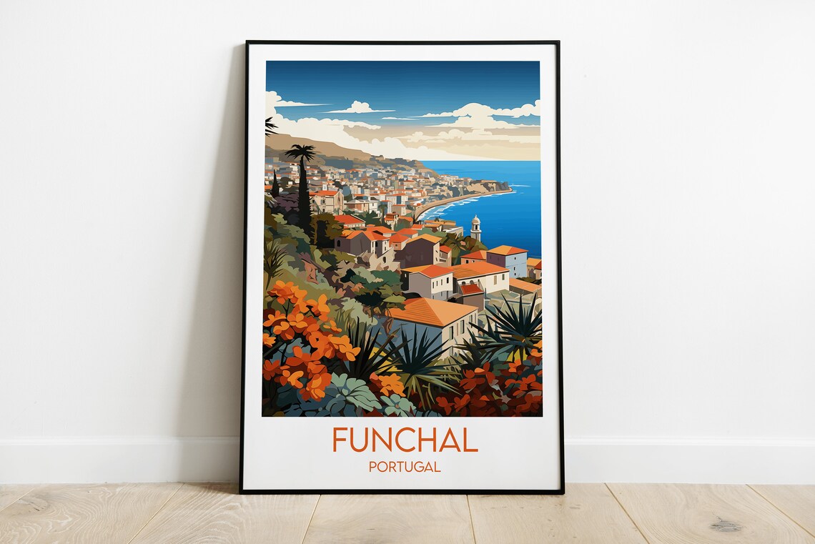 Funchal Portugal Madeira Vintage Coastal Town Bay Travel Poster