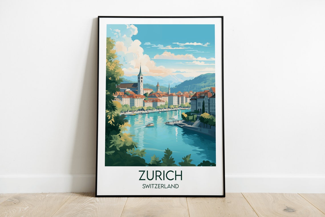Zurich Switzerland Old Town Riverfront Vintage Travel Art Poster