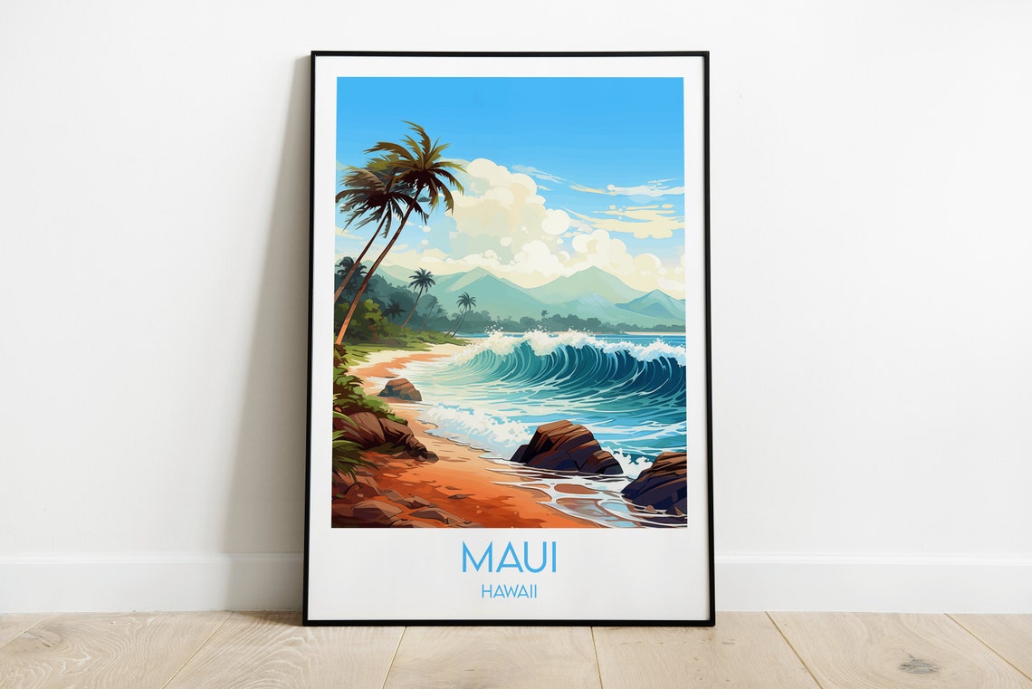 Maui Hawaii Tropical Beach Surf Wave Vintage Style Travel Poster