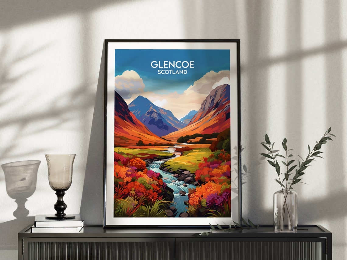 Glencoe Scotland Vibrant Sunset Mountain River Travel Poster - Image 3