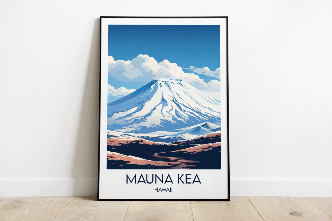 Mauna Kea Hawaii Snow Capped Volcano Retro Travel Poster Art