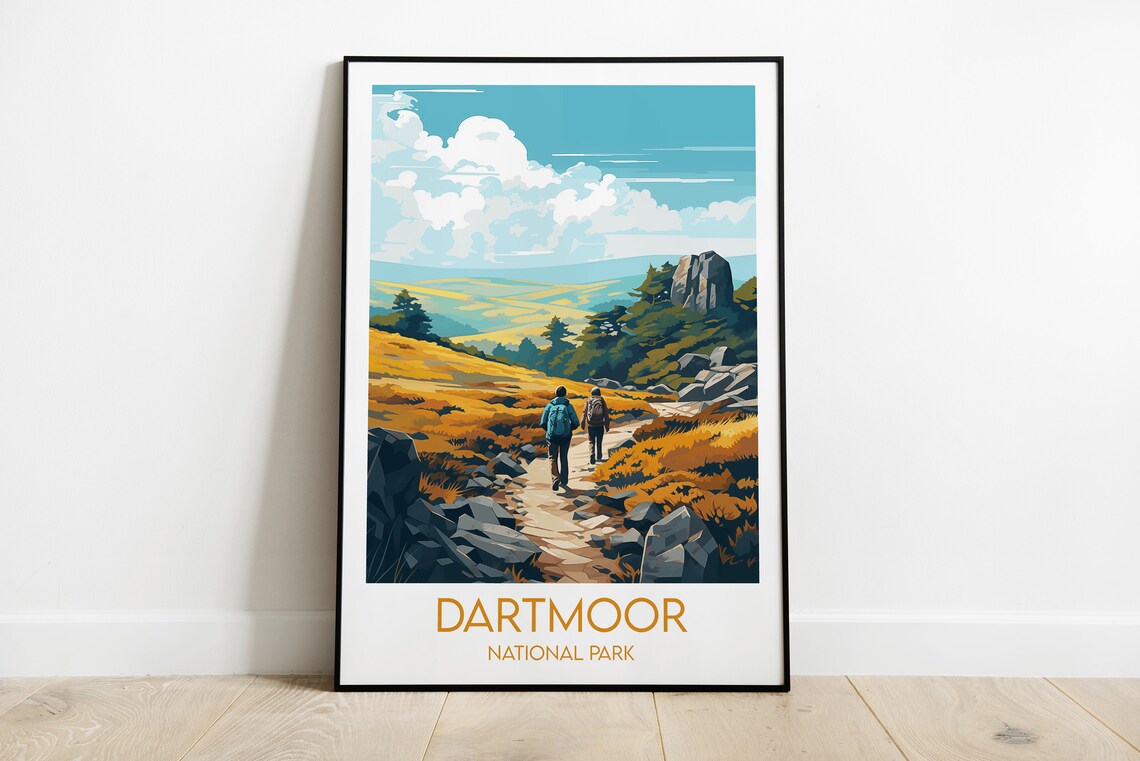 Dartmoor National Park England Hikers Golden Moorland Travel Poster