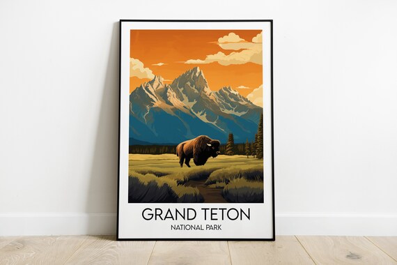 Grand Teton National Park Bison Retro Travel Illustration Poster