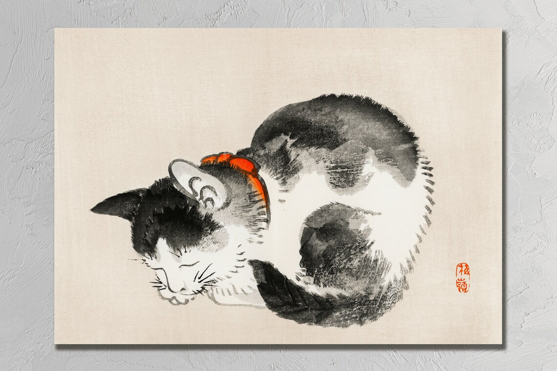 Sleeping Japanese Cat Vintage Woodblock Print Ink Wash Artwork Style - Image 4