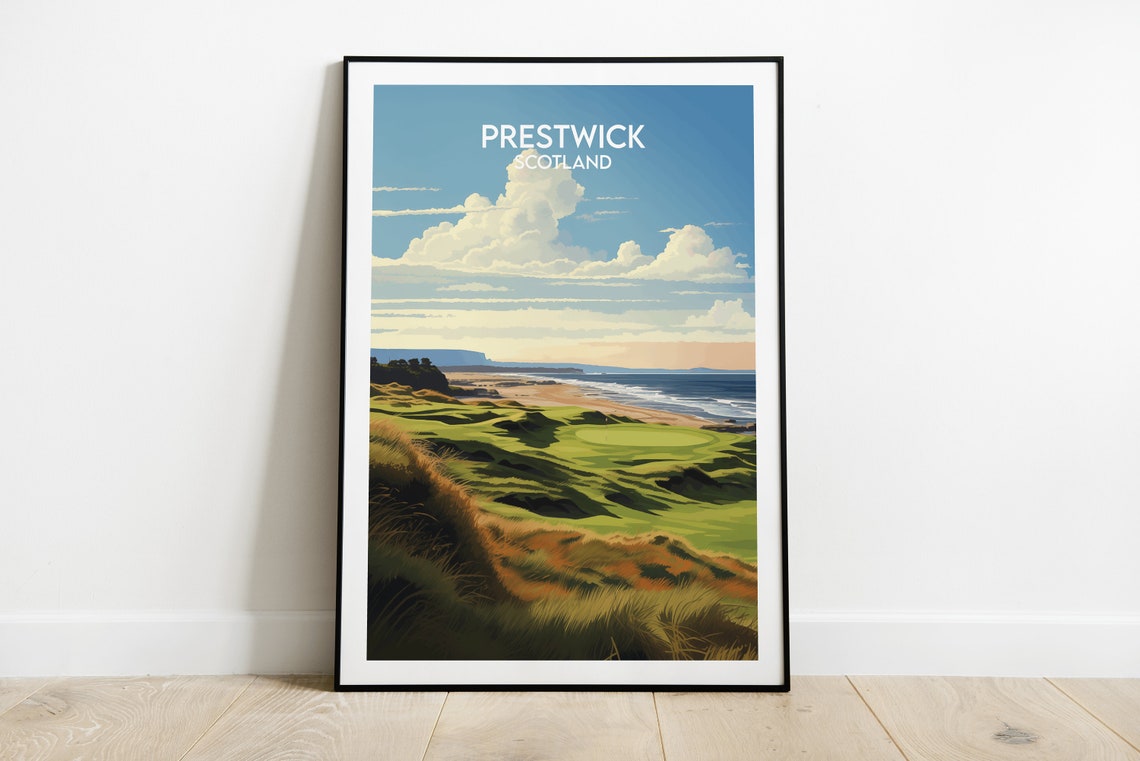 Prestwick Scotland Vintage Links Golf Coastline Travel Poster