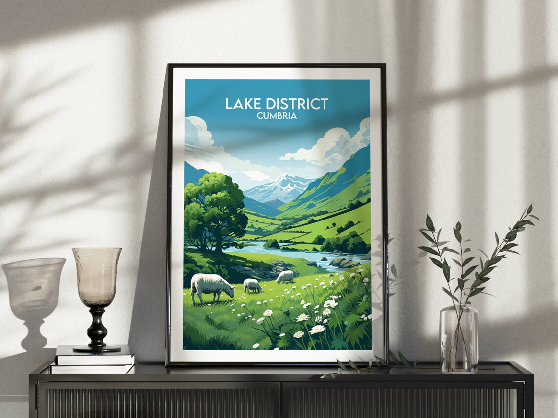 Lake District Cumbria Sheep Meadow Lake Mountain Travel Poster - Image 3