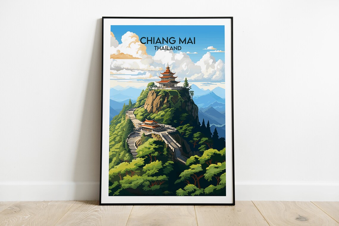 Chiang Mai Thailand Mountain Temple Forest Stairs Scenic Travel Poster