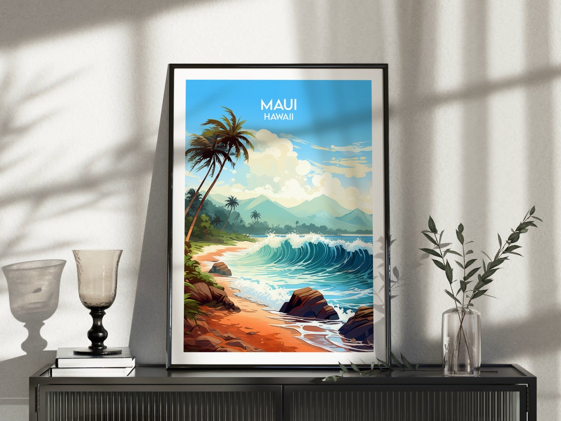 Maui Hawaii Crashing Surf Wave Sandy Beach Palms Travel Poster - Image 3