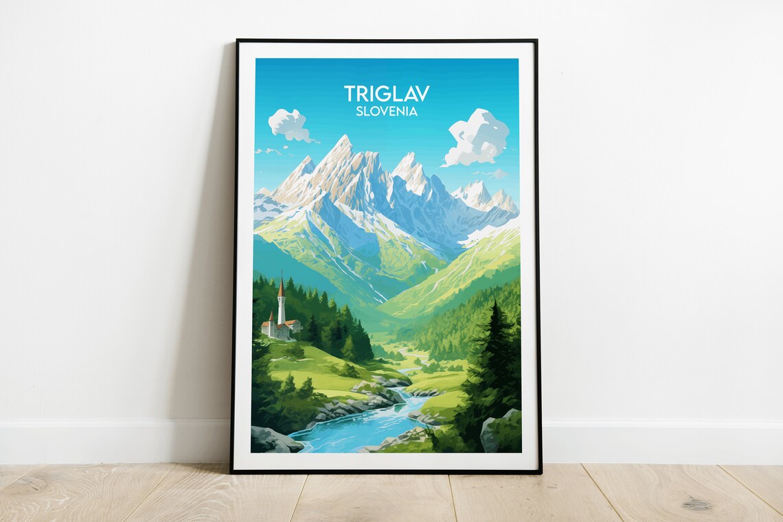Triglav Slovenia Illustrated Alpine Peaks Vintage Travel Poster