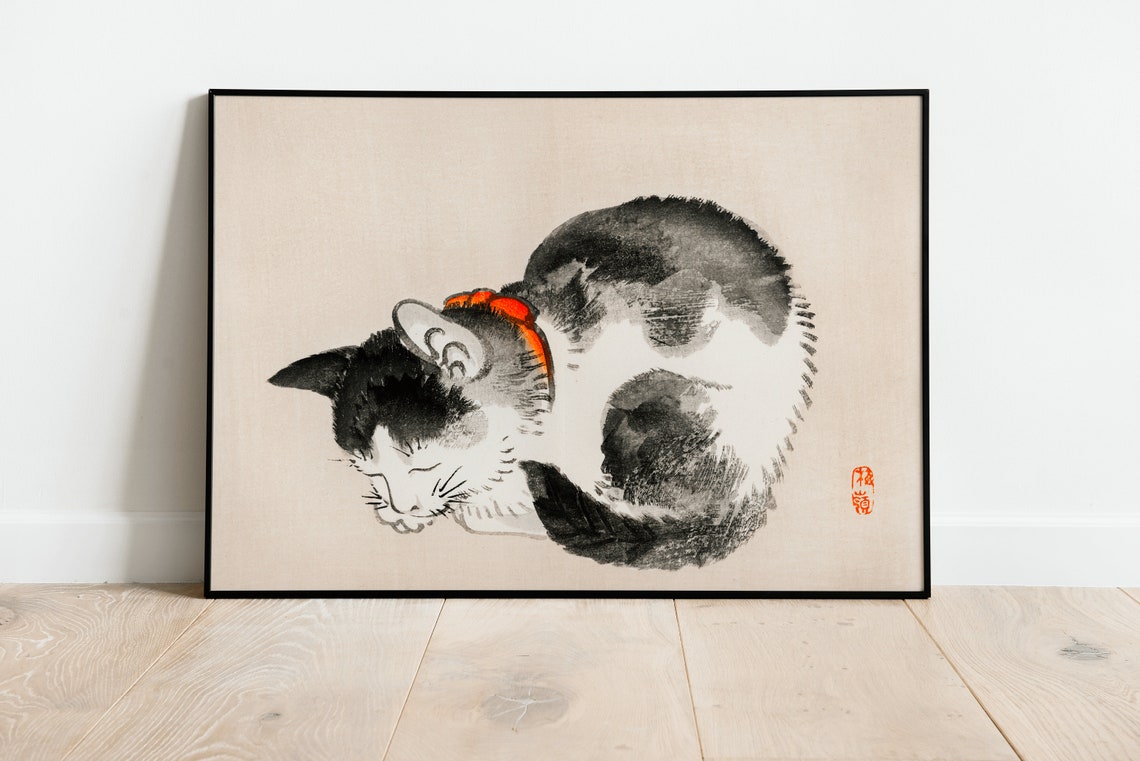 Sleeping Japanese Cat Vintage Woodblock Print Ink Wash Artwork Style