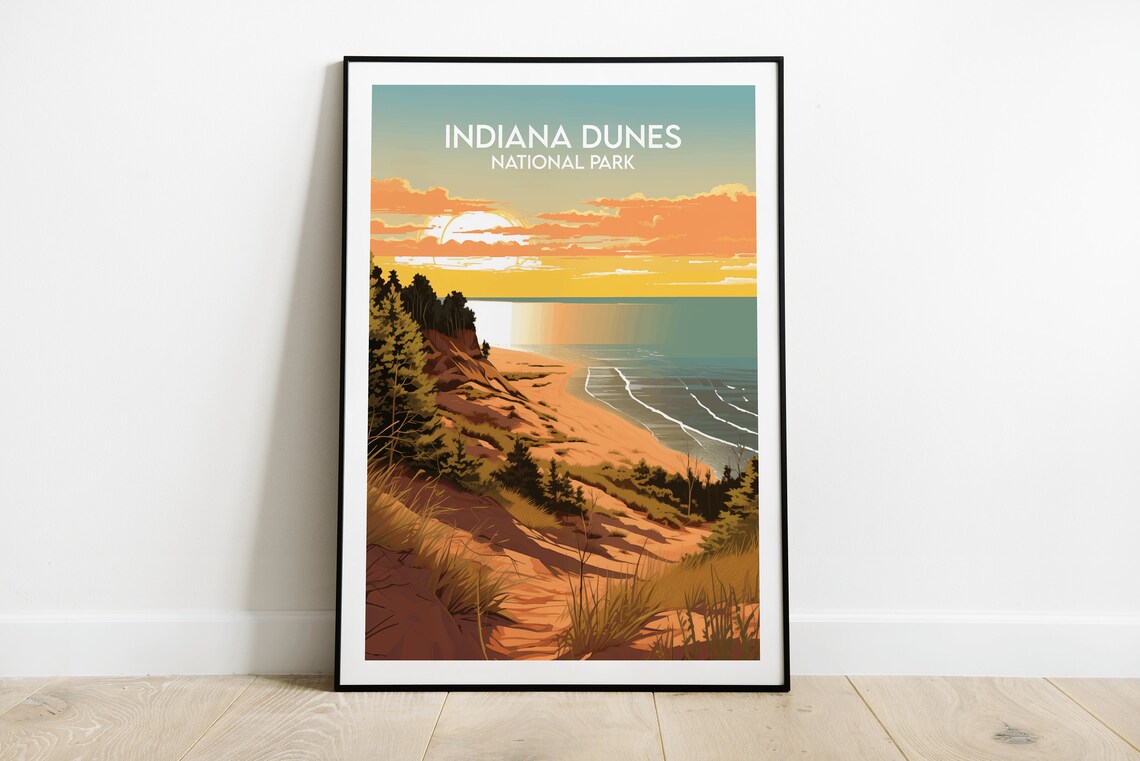 Indiana Dunes National Park Sunset Lakeshore Retro Vintage Poster