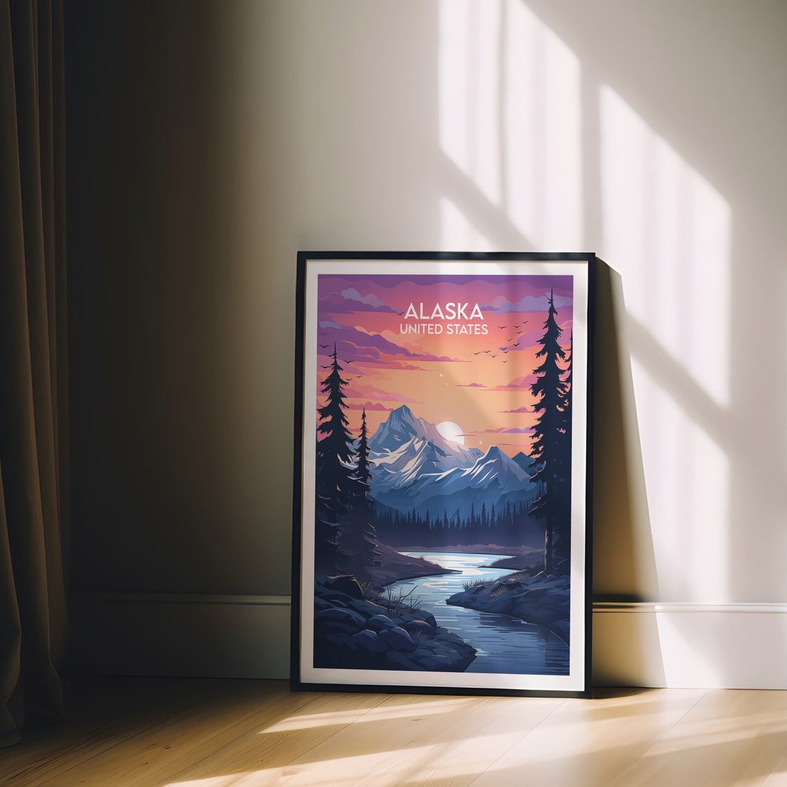 Alaska United States Mountain Sunset River Pines Travel Poster - Image 2