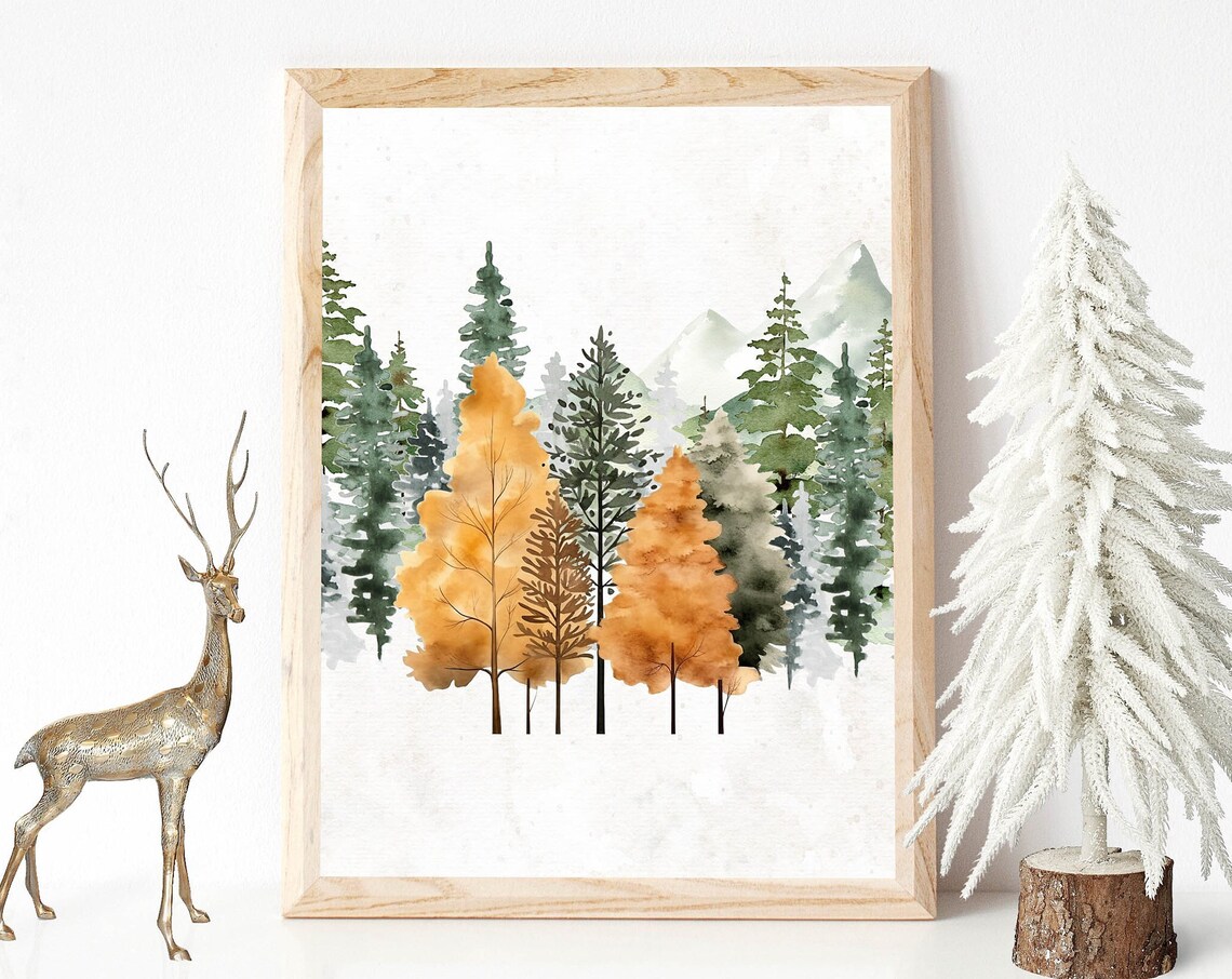 Woodland Autumn Forest Golden Trees Mountain Watercolor Wall Art