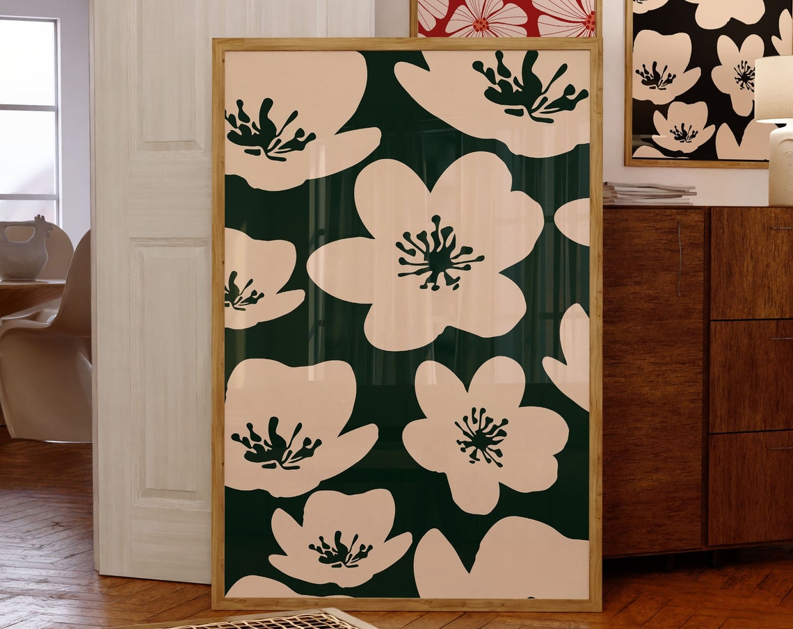 Emerald Green Bold White Floral Pattern Modern Botanical Poster