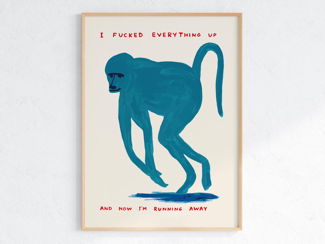 David Shrigley Blue Monkey Running Away Bold Absurdist Art Poster