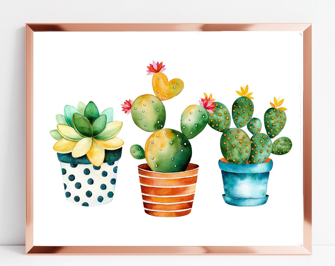 Three Potted Cacti Watercolor Patterned Pots Succulent Plant Poster - Image 3