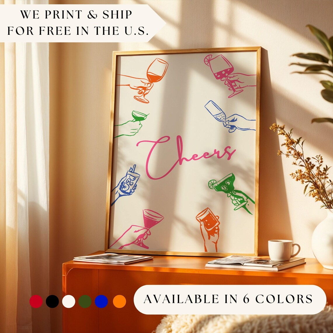 Cheers Print, Cocktail Bar Cart Kitchen Decor