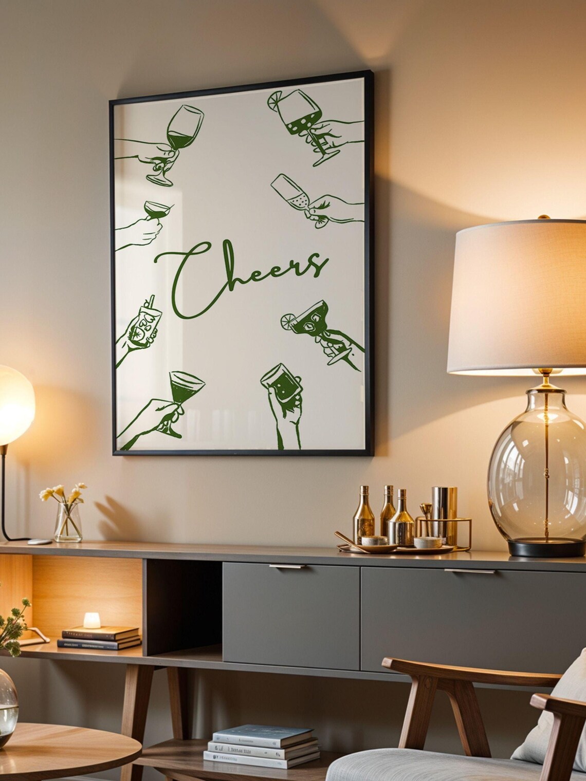 Cheers Retro Bar Cart Cocktail Poster, Preppy Decor - Image 3