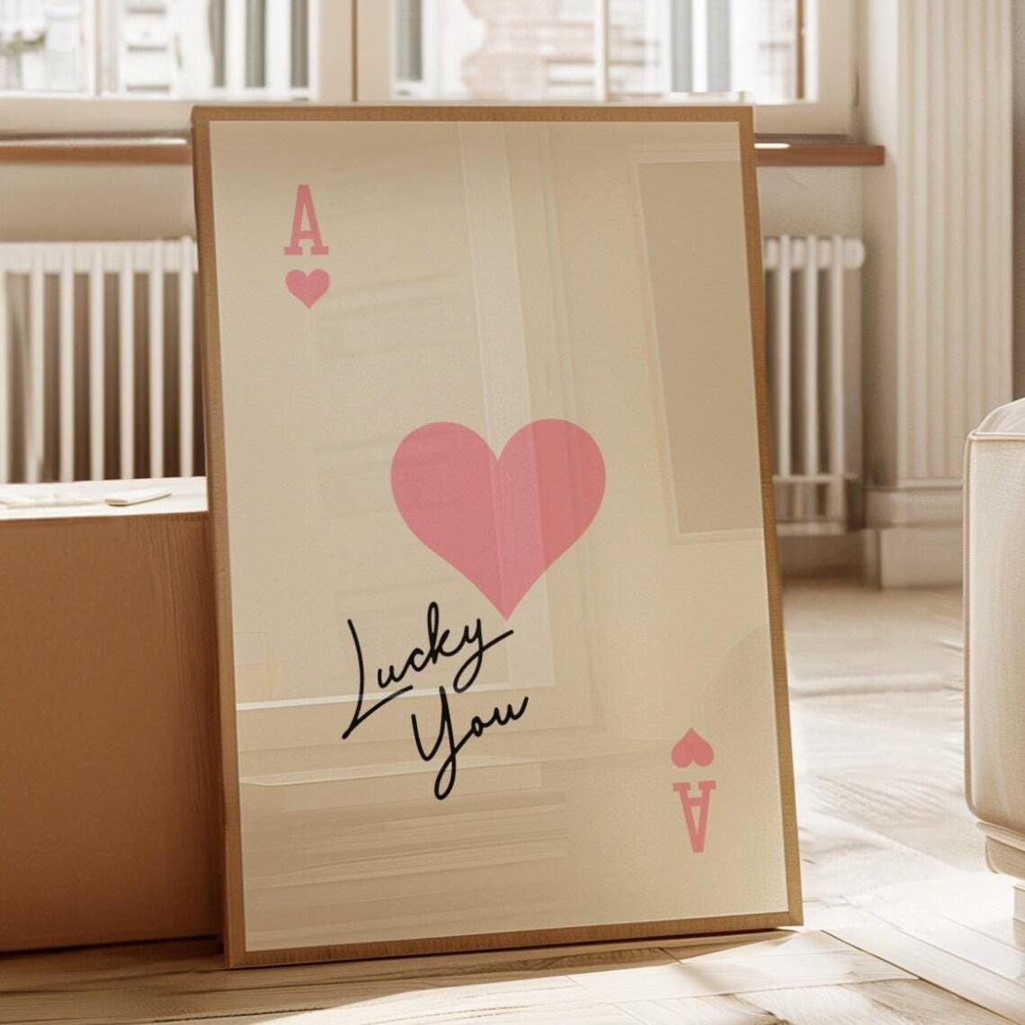 Ace of Hearts Lucky You Pink Script Cream Playing Card Poster