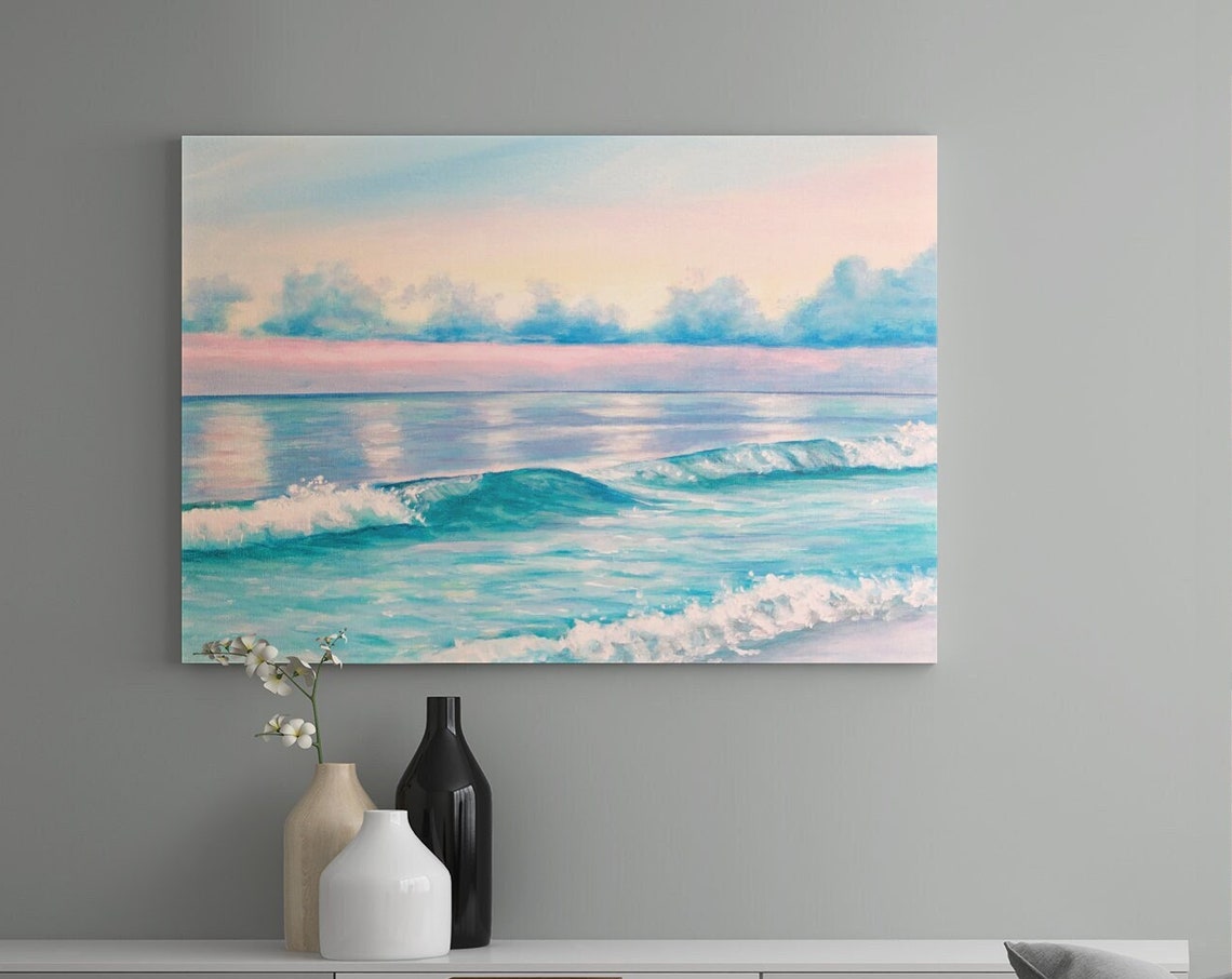 Turquoise Ocean Waves Dusk Seascape Pink Sky Beach Art Poster - Image 3