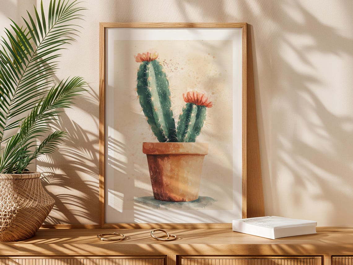 Blooming Watercolor Cactus in Terracotta Pot Botanical Poster