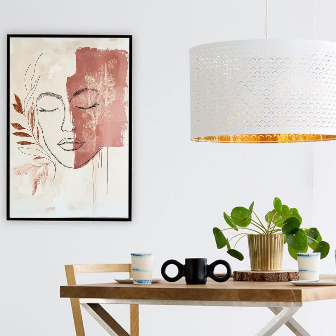 Boho Line Art Woman Face Terracotta Wash Minimalist Art Poster