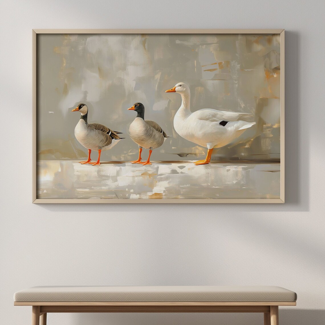 Three Geese Walking Together Neutral Farmhouse Animal Decor Poster