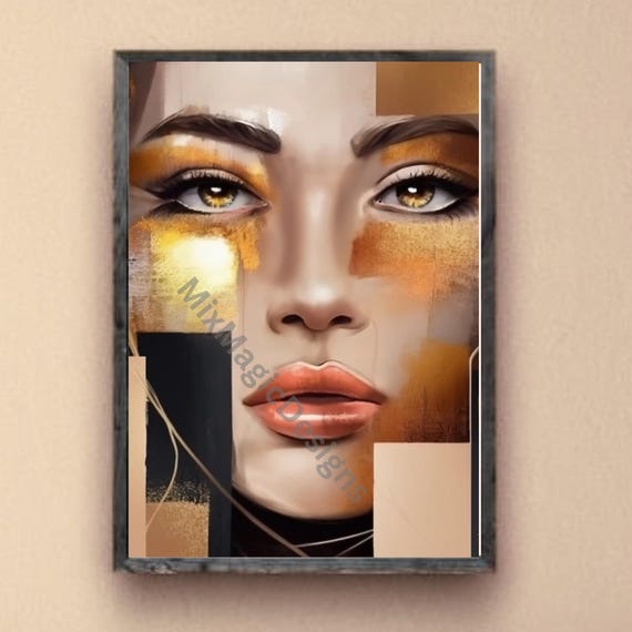 Modern Abstract Portrait Of A Woman In Gold Contemporary Wall Art Face Poster Minimalist For