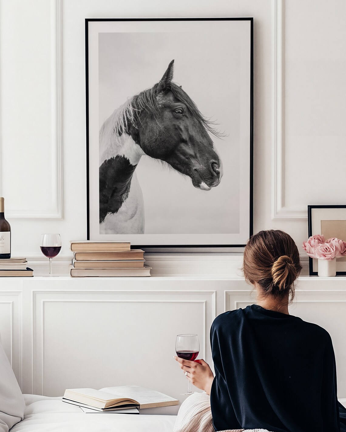 Black and White Horse Portrait Fine Art Equestrian Photo Poster