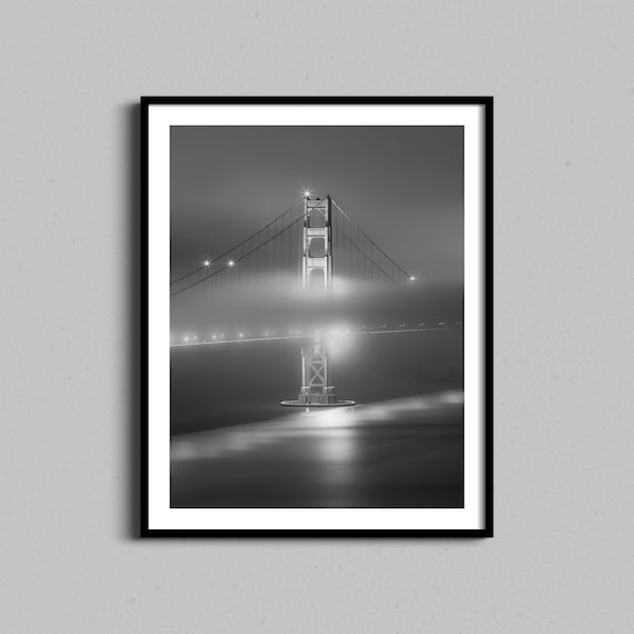 Golden Gate Bridge Foggy Night Black and White Fine Art Poster