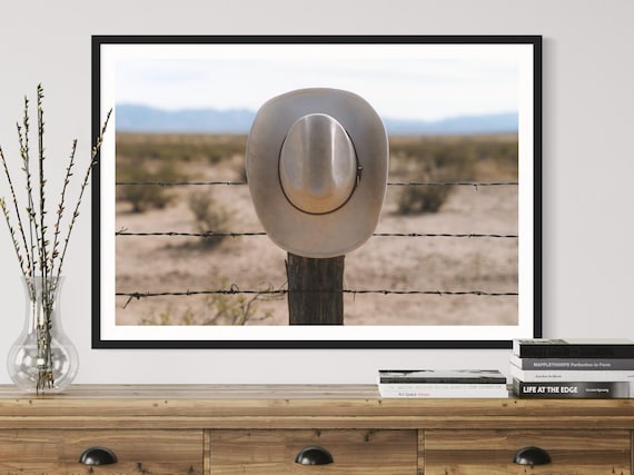 Cowboy Hat on Fence Post Desert Barbed Wire Rustic Western Decor Photo Poster