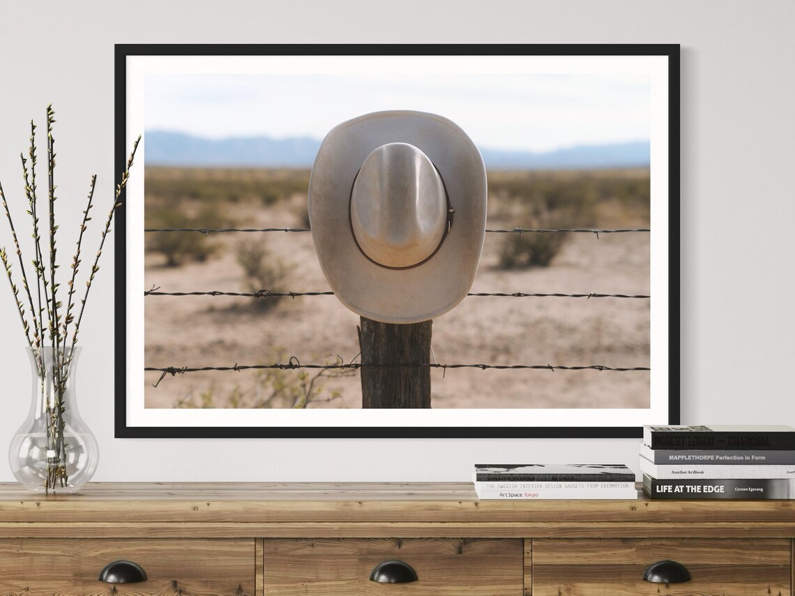 Cowboy Hat on Fence Post Desert Barbed Wire Rustic Western Decor Photo Poster