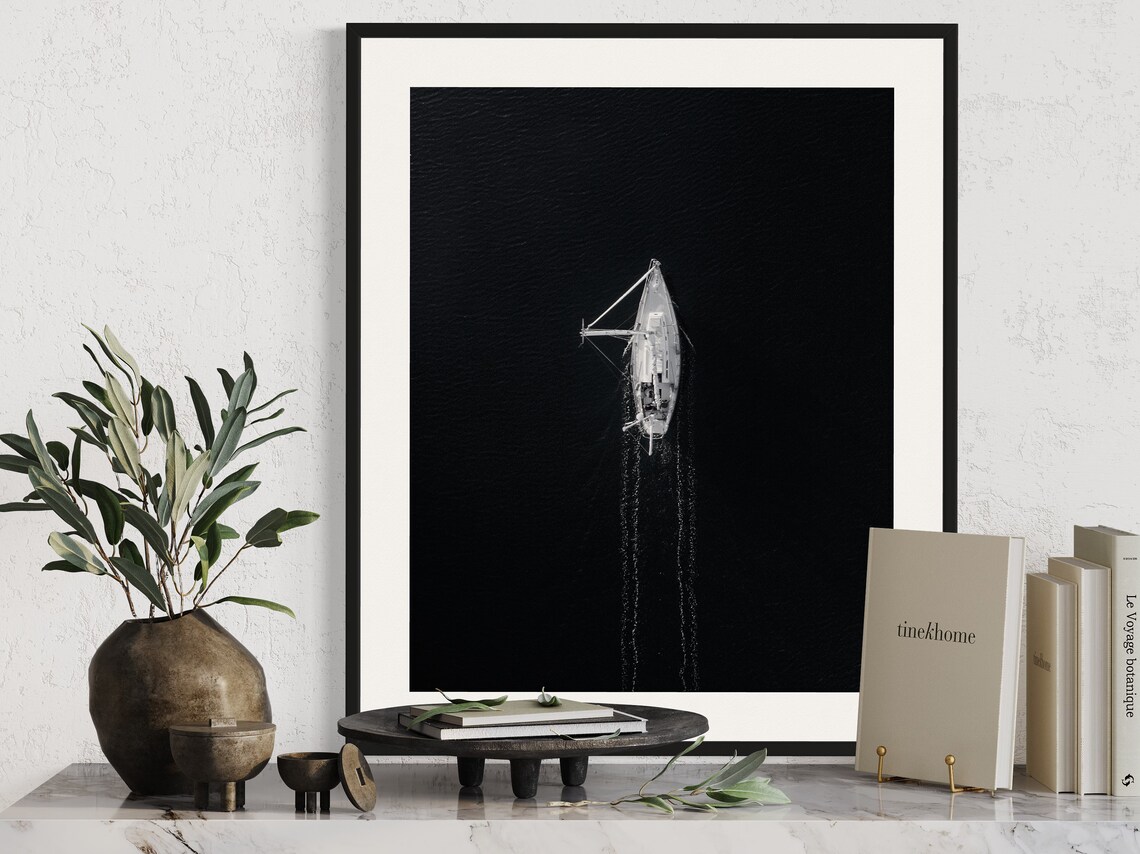 Black White Sailboat Print, Minimalist Nordic Nautical