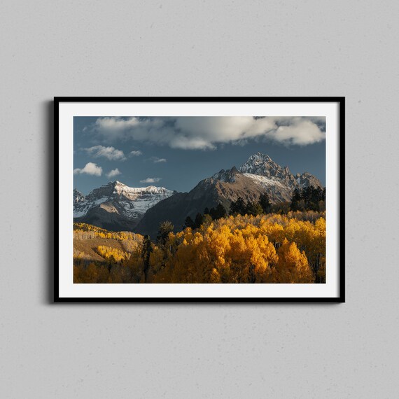 Snow Capped Mountain Peaks Golden Aspen Hillside Autumn Photo Poster