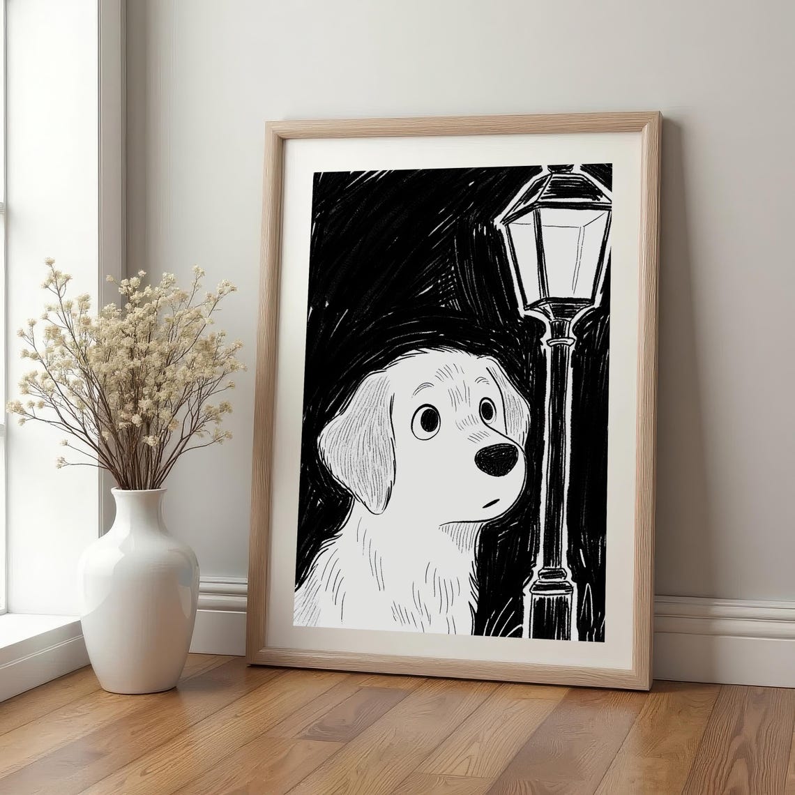 Curious Dog Under Streetlight Black And White Sketch Animal Print