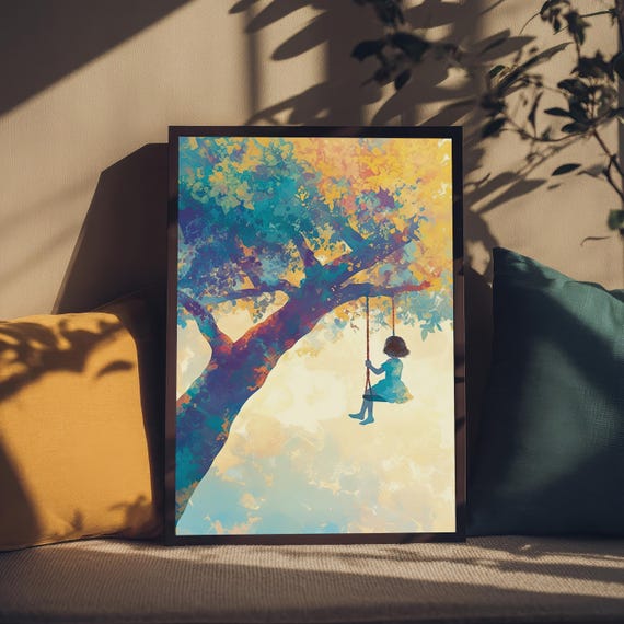 Girl On Swing Tree Wall Art Abstract Colorful Childhood Print Dreamy Treehouse Whimsical Decor