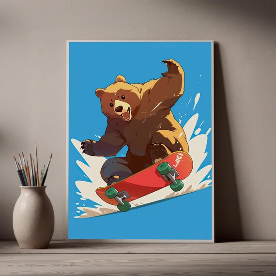 Happy Skateboarding Bear Cartoon Bold Blue Kids Room Wall Poster