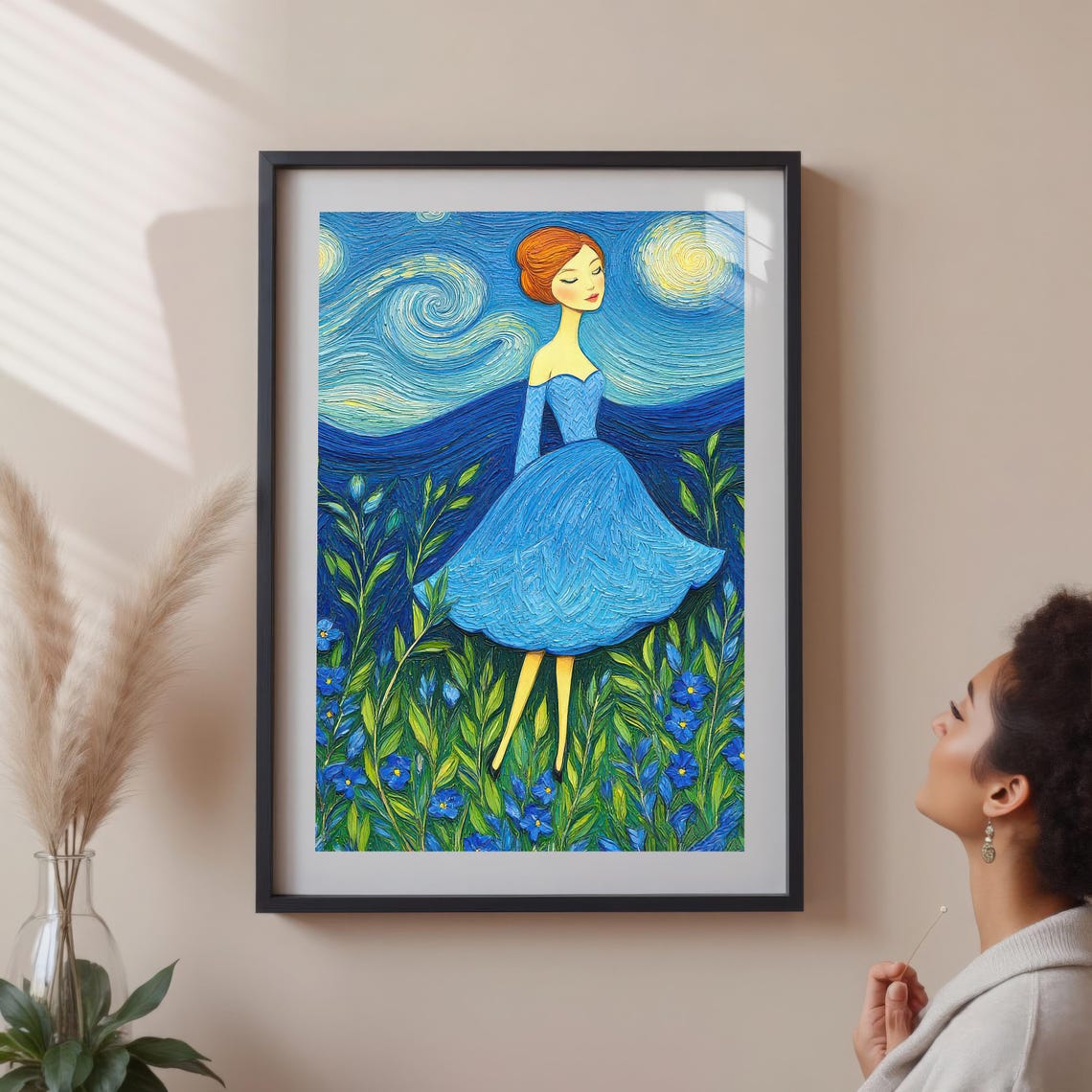 Starry Night Style Woman Art Print, Field Of Flowers - Image 4