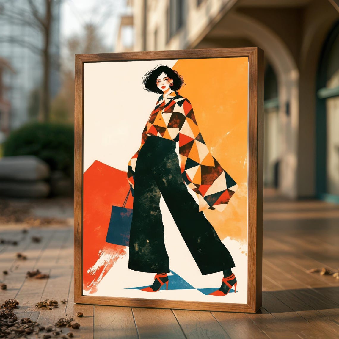 Stylish Fashion Woman With Shopping Bag Geometric Illustration Poster