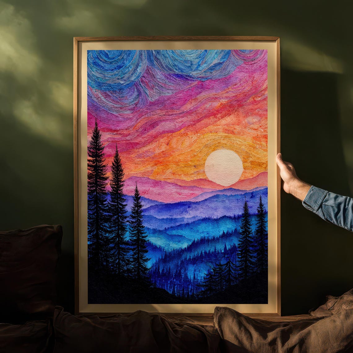 Vibrant Psychedelic Mountain Sunset Colorful Sky Forest Peaks Poster