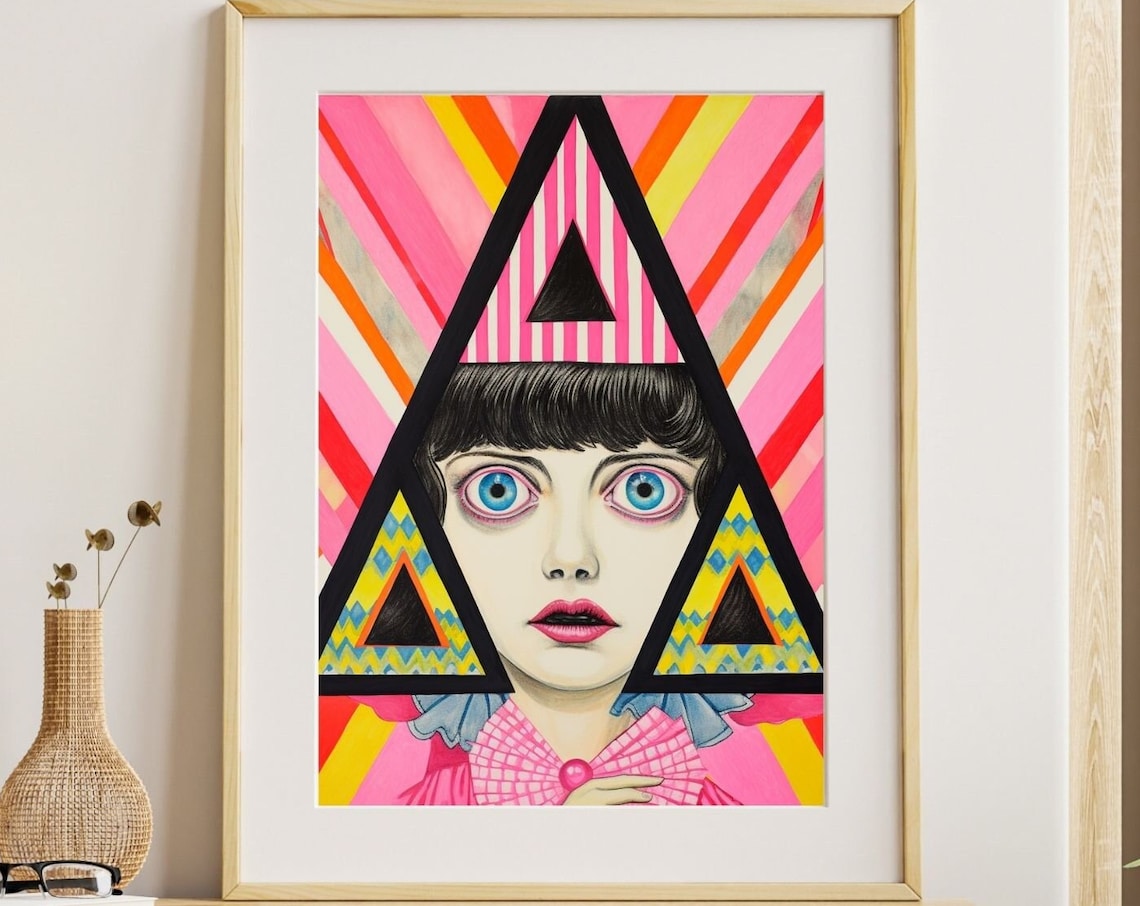 Woman Portrait Geometric Triangles Pink Pop Art Bold Color Art Print