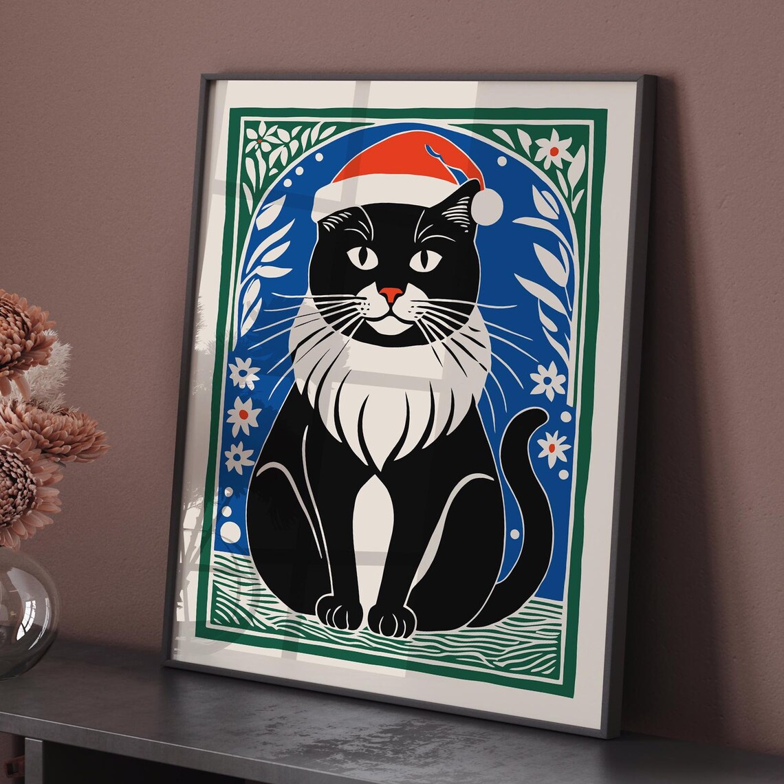 Black Tuxedo Cat in Santa Hat Holiday Portrait Winter Season Poster