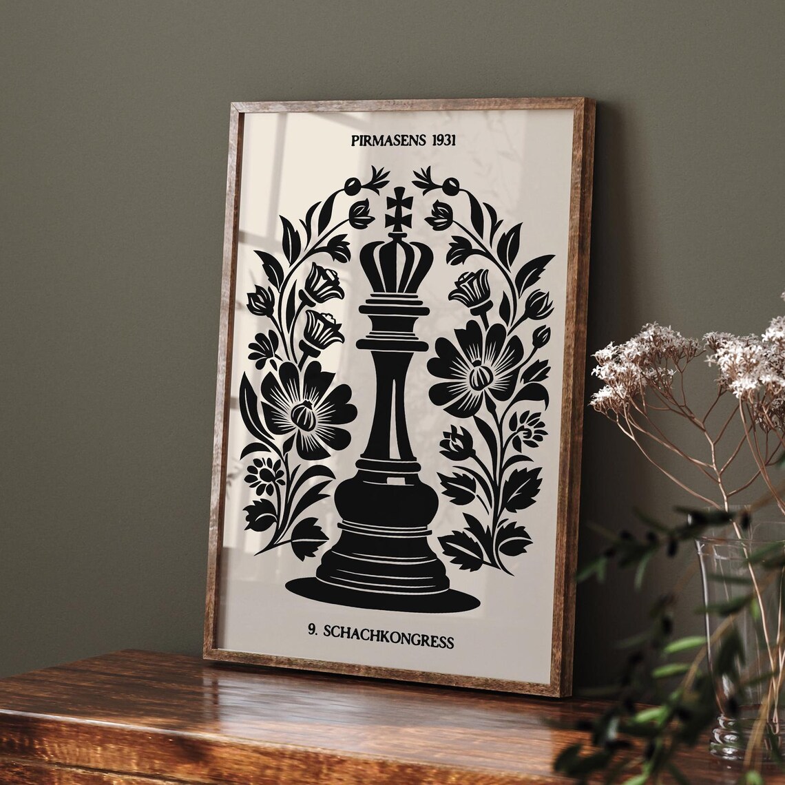 Pirmasens 1931 9th Chess Congress Ornate Floral King Piece Poster